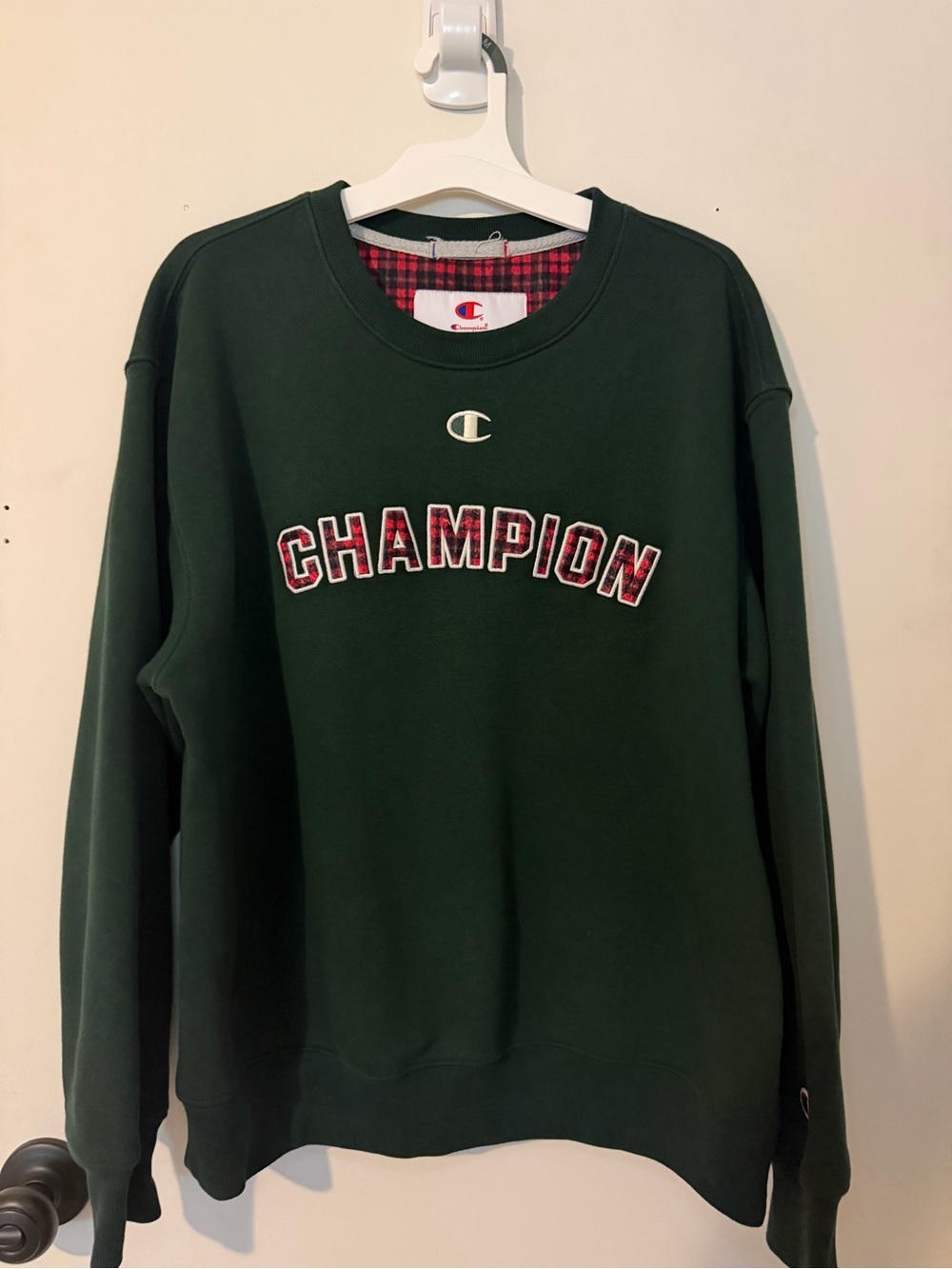 Champion Dark Green Crewneck with Red Plaid Lettering